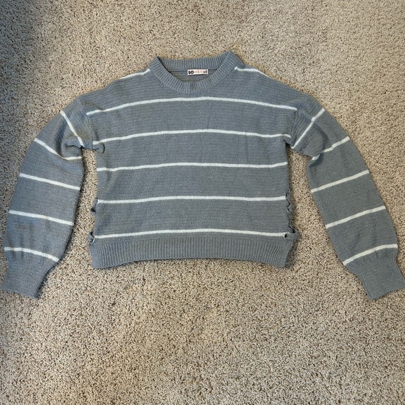 SO Women's Grey and White Striped Sweater - Picture 1 of 4
